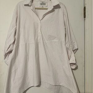 Cupio Women's Button Down Shirt - White and Gray Stripes